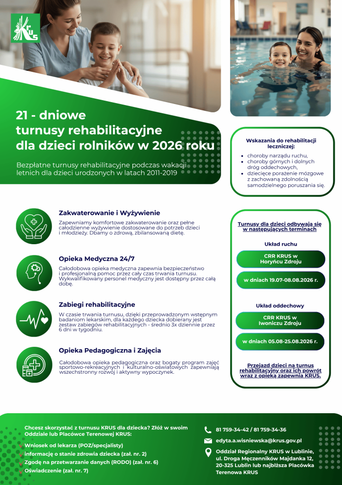 Miniaturka artykułu Turnusy rehabilitacyjne dla dzieci rolników 2026r.
